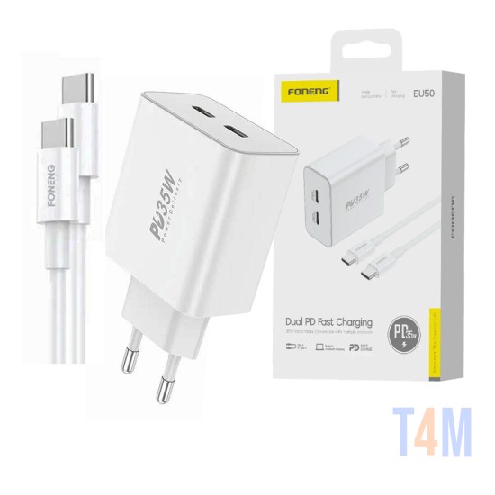 Foneng Charger EU50 Dual Ports (Type C+Type C) PD35W with Type C to Type C Cable White